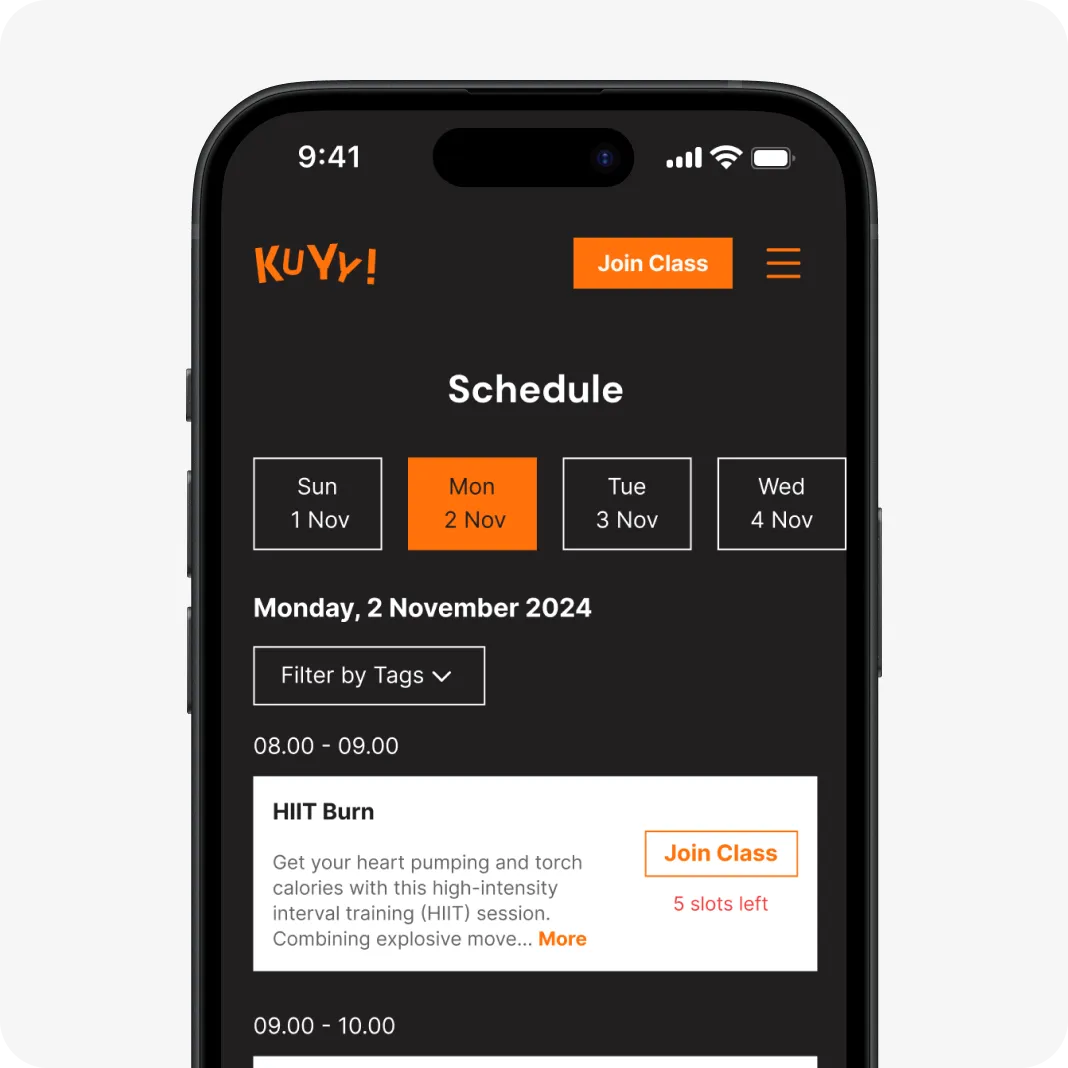 Tampilan jadwal kelas dan aktivitas di website KUYY! untuk Bisnis