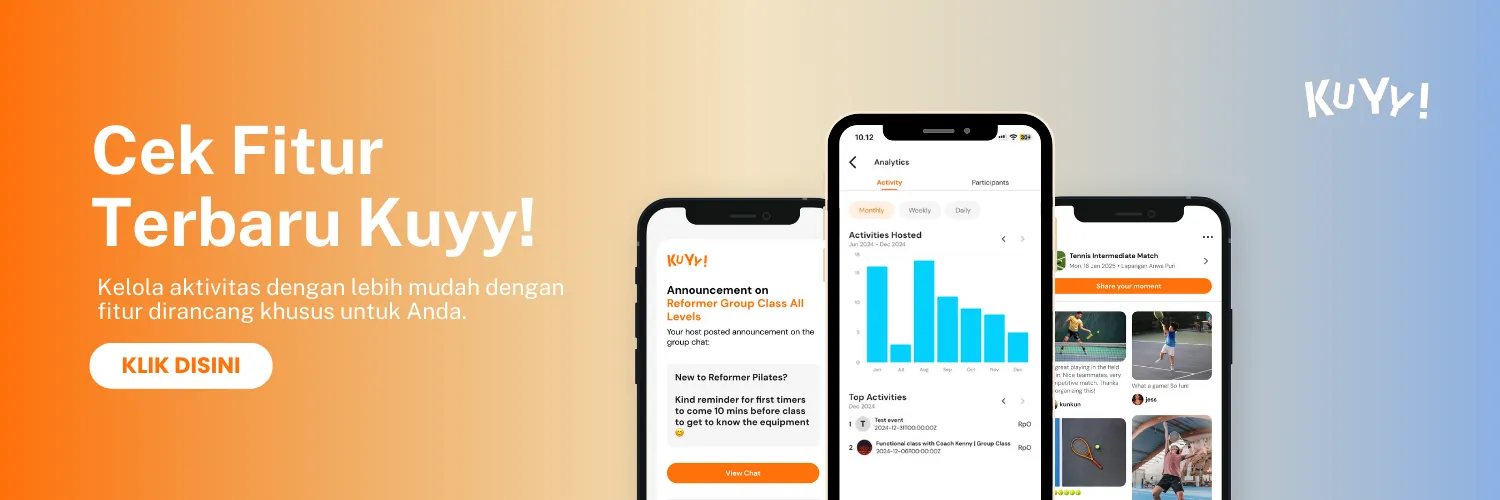 Jelajahi dan booking ribuan kelas olahraga dan aktivitas di KUYY!